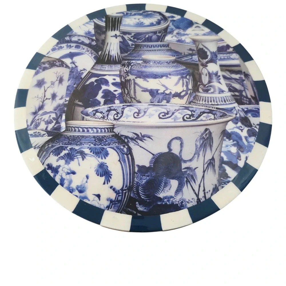 NEW Chinoiserie Decoupage Cake Stand Server Display Blue White Decor
